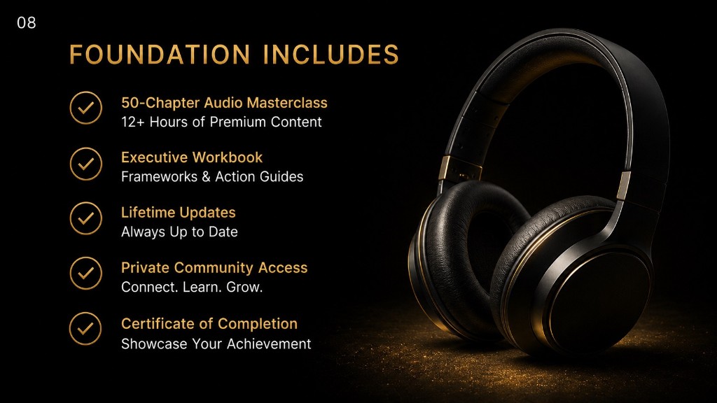 Foundation includes: 50-chapter audio masterclass, workbook, lifetime updates, community, certificate